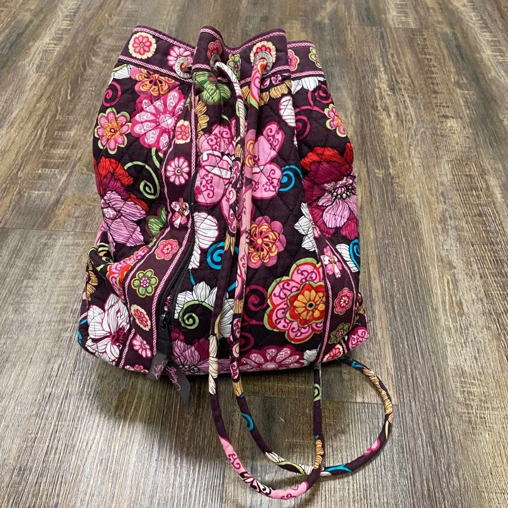 Vera Bradley Quilted Floral Pink/Brown Drawstring Backpack Bag Travel Pouch Sack